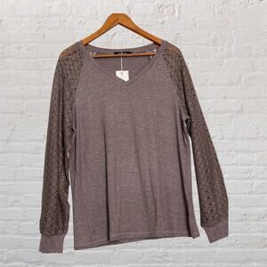 Automet Lace Sleeve Top Women’s Large Taupe V Neck Long Sleeve NWT